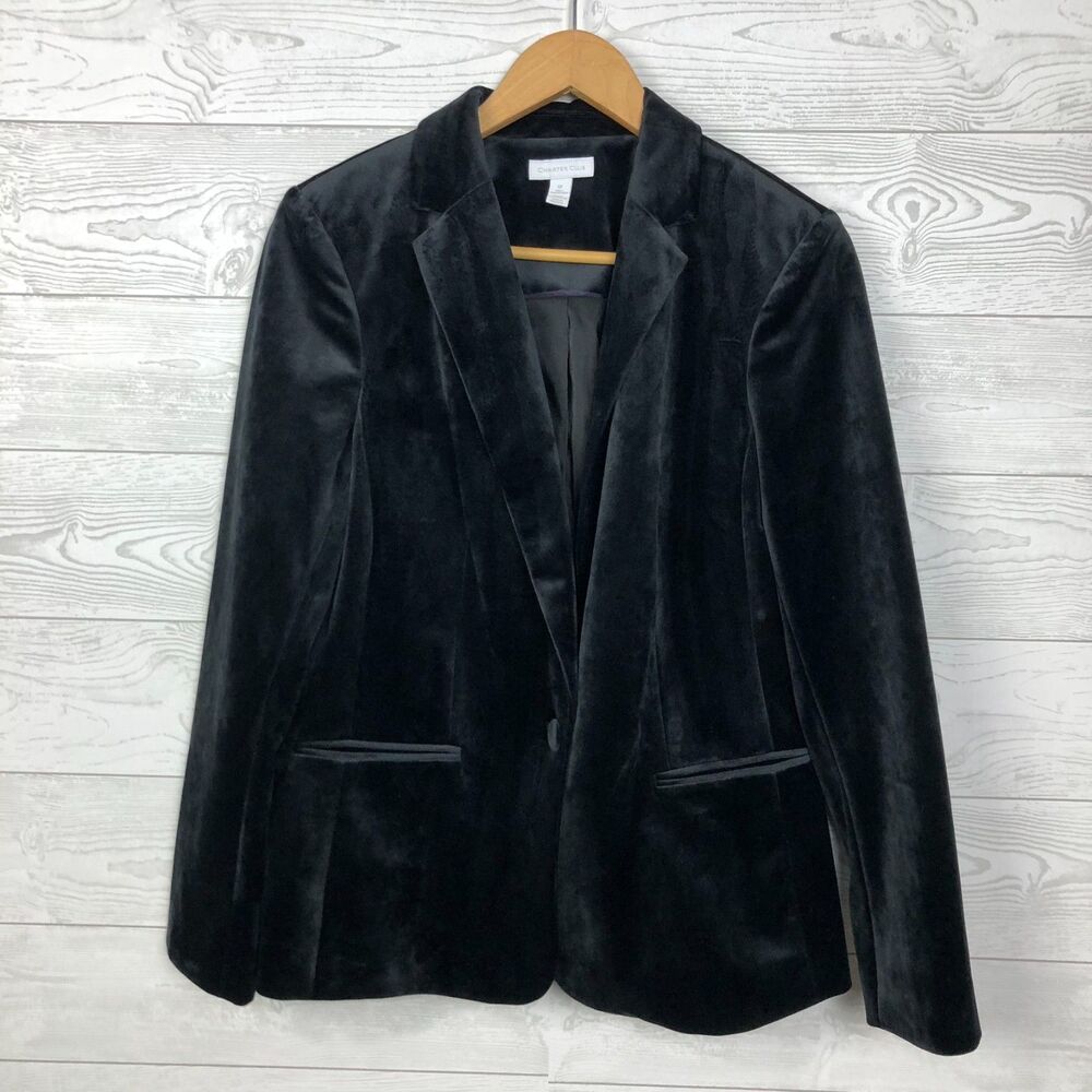 Charter Club Women's Size 12 Velvet Jacket Blazer Long Sleeve Button Front Black